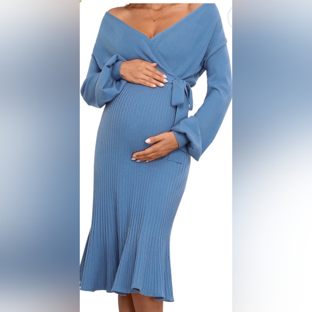 Elegant Blue Sweater Maternity Wrap Dress